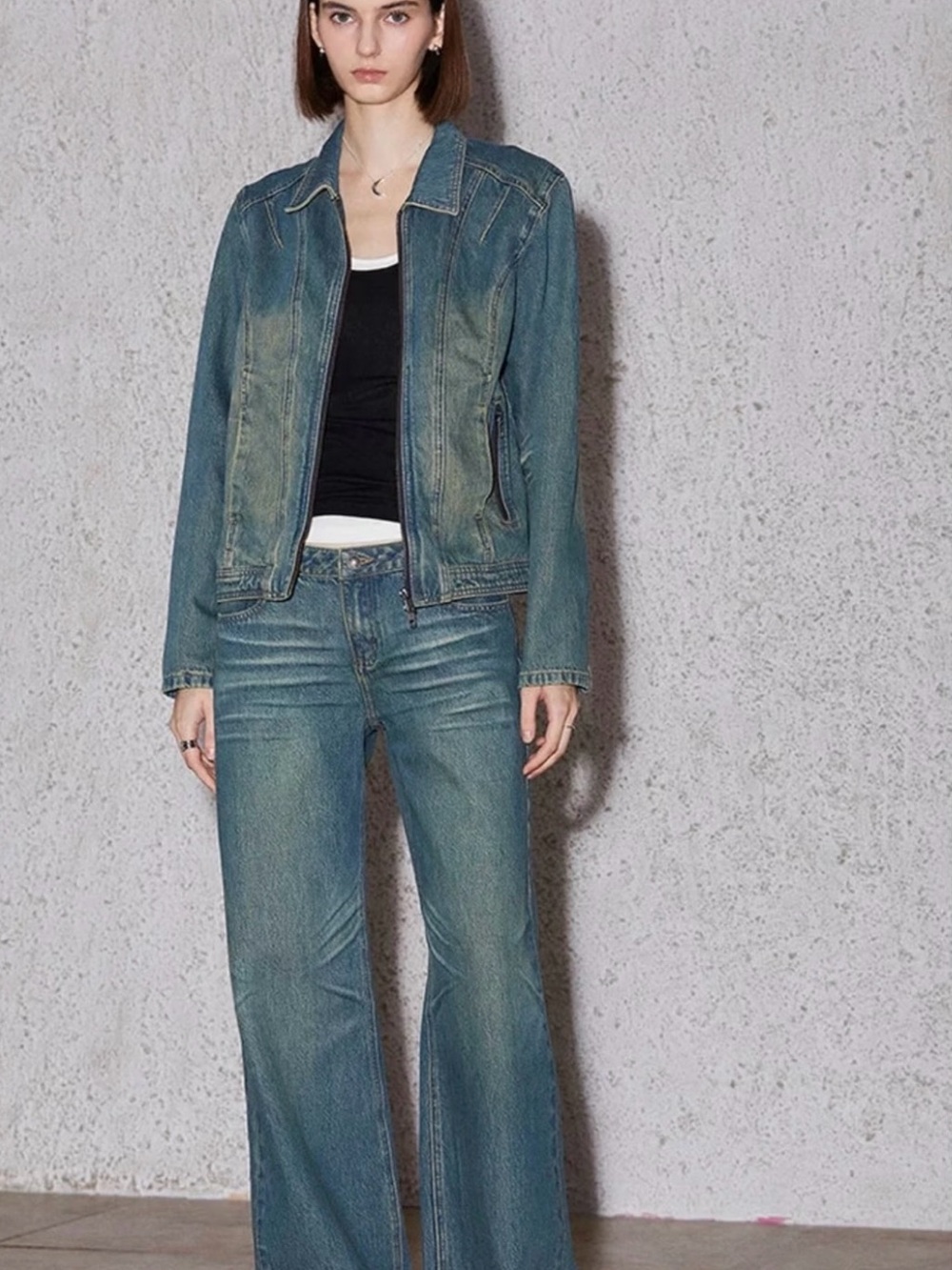 Vintage-style distressed denim jacket
